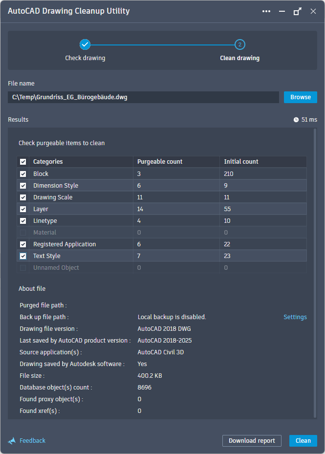 AutoCAD Drawing Cleanup Utility mit der Liste der bereinigbaren Kategorien im Bereich Results und der Schaltfläche Clean