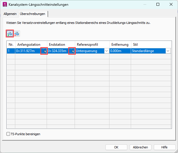 Kanalsystem-Längsschnitteinstellungen in Civil 3D mit Überschreibung für einen Stationsbereich und Referenzprofil